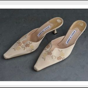 Vintage Manolo Blahnik Kitten Heel Mules with floral embroidery.